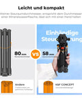 Comparison of compact desk tripod showing 80mm and 58mm folded sizes, highlighting lightweight and compact design.