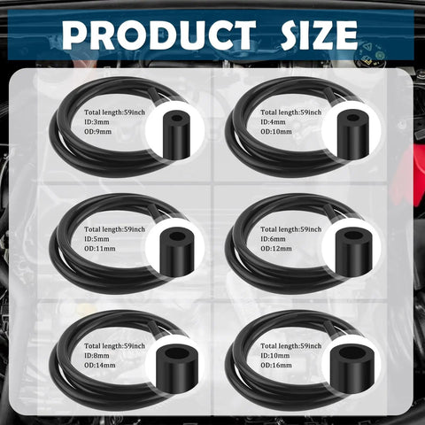 Six hose sizes of 4.9 Foot Silicone Vacuum Hose Kit For Cars With One Eighth To Three Eighth Inch Diameters Plus Sixty Four Connectors And A Tube Cutter Ideal For Engine Vacuum Systems AC Lines And Radiator Cooling