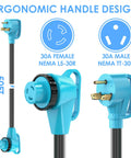 30 Amp RV Power Cord 50 Feet 125 Volt TT 30P Male To L5 30R Twist Lock Right Angle Cable ETL Listed Pure Copper Heavy Duty For Campers And Trailers Ready To Roll In Any Weather, blue plugs shown
