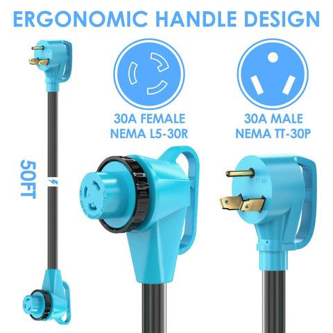 30 Amp RV Power Cord 50 Feet 125 Volt TT 30P Male To L5 30R Twist Lock Right Angle Cable ETL Listed Pure Copper Heavy Duty For Campers And Trailers Ready To Roll In Any Weather, blue plugs shown