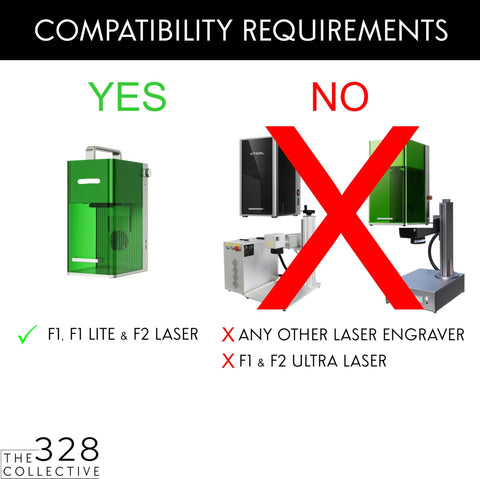 Compatibility chart for Laser Engraver Fence Kit For F1, F1 Lite And F2, showing compatible and incompatible laser models.