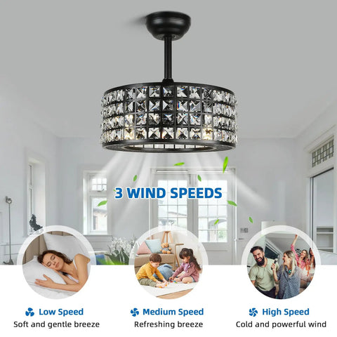 Crystal Ceiling Fan With Lights And Remote Bladeless Fandelier 18 Inch Caged Industrial Ceiling Fan in a modern living room