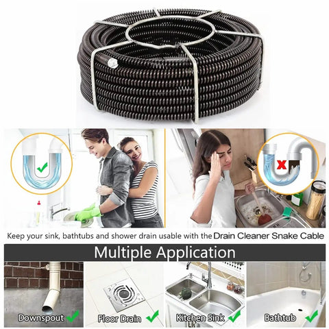 Coiled Drain Cleaning Cable 60 Feet Long 5/8 Inch With Six Cutters Hollow Core Sewer Snake For Stubborn Clogs and Home Plumbing Fixes