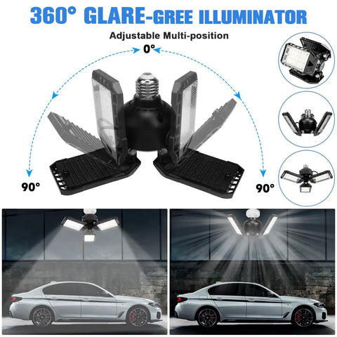 Ultra Bright 8000 Lumen 80W LED Garage Light Bulb 2 Pack With Three Adjustable Panels Daylight 6500K in garage setup