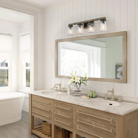 Rustic Farmhouse Vanity Light With Mason Jar Glass Shades Four Light Wall Sconces Faux Wood Finish 29 Inch Bathroom Lighting