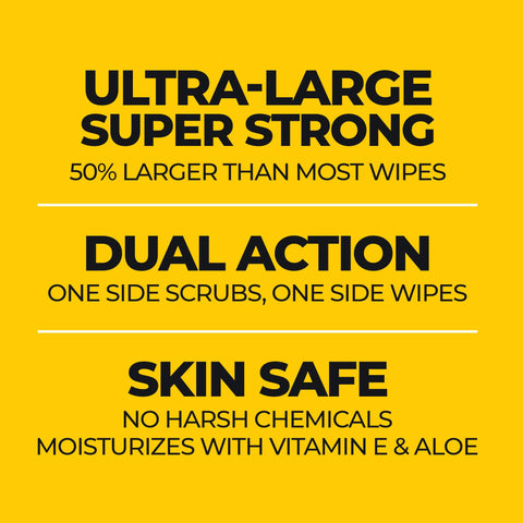 Heavy Duty Hand Cleaning Wipes For Hands And Surfaces info: ultra-large, dual action, skin safe with vitamin E and aloe