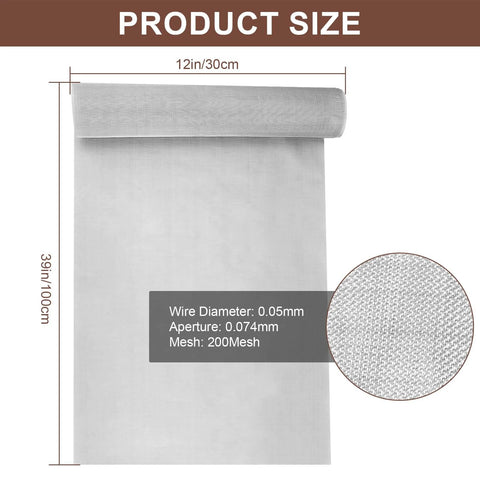 Heavy Duty 304 Stainless Steel Mesh Screen 200 Mesh for DIY Projects and Garden Use Large 39.3 Inch By 11.8 Inch Metal Wire Filter Screen Fine Wire Mesh for Filtration Rustproof Durable Construction, product size with dimensions and close-up of mesh pattern