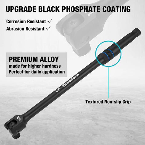 Badass Heavy Duty Breaker Bar Set With Premium Chrome Alloy Build And Durable Black Phosphate Coating For No Sweat Torque Tasks On Heavily Rusty Bolts, 15-inch with textured non-slip grip.