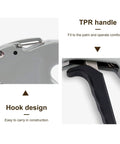 Close-up of Built Tough Pro Grade Heavy Duty Stainless Steel Cable Tie Gun showing TPR handle and hook design for carrying ease.