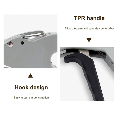 Close-up of Built Tough Pro Grade Heavy Duty Stainless Steel Cable Tie Gun showing TPR handle and hook design for carrying ease.