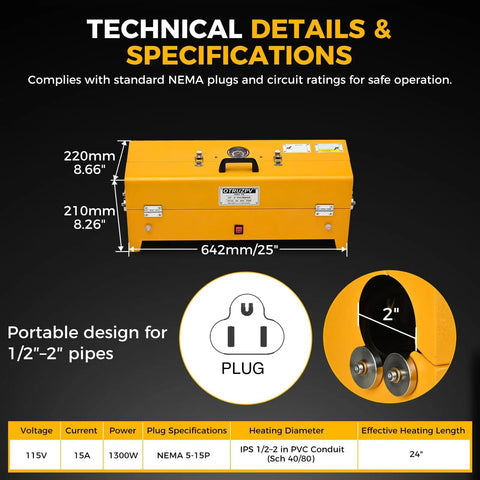 Heavy Duty Pvc Conduit Heater Box For Schedule 40 And 80 Pipe Bending Tool with specifications and power details.