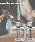 Carpenter using 6 Pack 1 Inch Stainless Steel C Clamps For Woodworking And Home DIY Heavy Duty Metal U Clamps on wooden plank