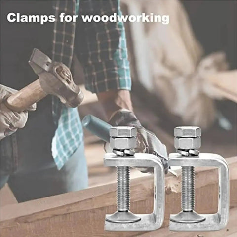 Carpenter using 6 Pack 1 Inch Stainless Steel C Clamps For Woodworking And Home DIY Heavy Duty Metal U Clamps on wooden plank
