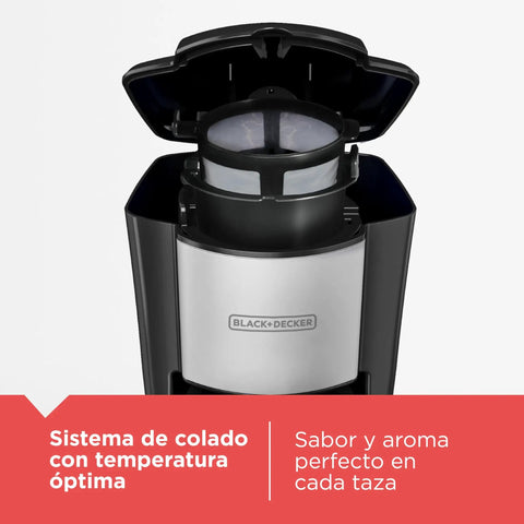 Compact Single Serve Coffeemaker in black showing open lid with permanent filter, built for small kitchens and dorm rooms.
