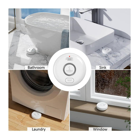 Five Pack Water Leak Alarm Detectors With 120dB Loud Alarm IP66 Waterproof Ultra Sensitive Probes Detect Drips And Mist Four Bottom Sensors And Two Top Probes For Quick Alerts And Realistic Protection bathroom, sink, laundry, window use