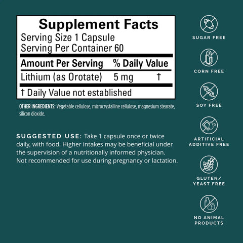 Supplement facts for Lithium Orotate Brain Boost Support Supplement 60 Capsules Gluten Free Low Dose 5 Mg Per Serving Ultra Pure Mineral
