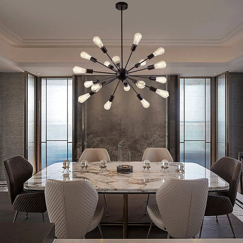 Black 18 Light Starburst Chandelier Pendant Light 36 Inch Wide For Living Room Dining Room Kitchen Island Foyer Retro Style Modern Farmhouse Industrial Ceiling Fixture With Adjustable Height And Durable Spray Painted Metal in modern dining setting.