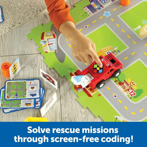 Switcheroo Coding Crew Screen Free Robot Kit For Kids Hands On Push Button Coding To Learn Sequencing Logic And Problem Solving Through Rescue Mission Play And Totally Imaginative STEM Adventures, red robot truck on road mat