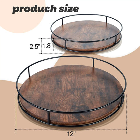 12 Inch Lazy Susan Slick Counter Turntable Kitchen Spice Rack Rustic Brown Wood Swivel Tray showing size dimensions 2.5 inches deep.