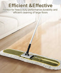 Heavy Duty Microfiber Dust Mop Head 3 Pack 36 Inch sweeps grime off hardwood tile marble floors, shown in use on smooth floor.