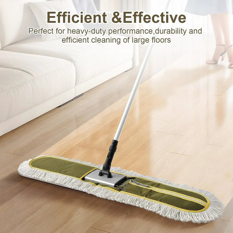 Heavy Duty Microfiber Dust Mop Head 3 Pack 36 Inch sweeps grime off hardwood tile marble floors, shown in use on smooth floor.