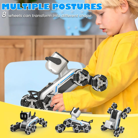 SIMREX RC robot toy with 8 Mecanum wheels, silver body, transformable into dog or car