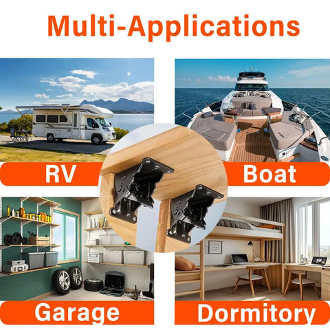 Built Tough Steel Folding Brackets With Self Locking Zero To One Eighty Degree Pivot Hinge in RV, Boat, Garage, and Dormitory settings.