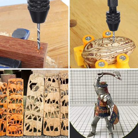 Hand Drill And Pin Vise Bits Set With 36 Pcs Mini Twist And PCB Drills For Jewelry Making Model Building Resin Craft And Woodworking Pro Grade High Speed Steel And Tungsten Carbide Bits used on wood, seed pod, carved panels, and miniature figure.