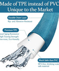 Close-up of Gnimihz SeaBlue garden hose, 50ft, made of TPE, with white end fitting and water spraying.