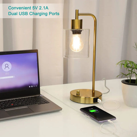 Golden Industrial Table Lamp With Two USB Ports And Glass Shade Vintage Desk Light on table near laptop, phone charging