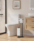 Free Standing Toilet Paper Holder With Four Roll Capacity, Rustproof Metal Stand, Non-Slip Stable Base, Black Finish in bathroom scene