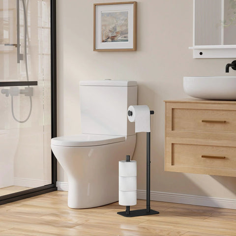 Free Standing Toilet Paper Holder With Four Roll Capacity, Rustproof Metal Stand, Non-Slip Stable Base, Black Finish in bathroom scene