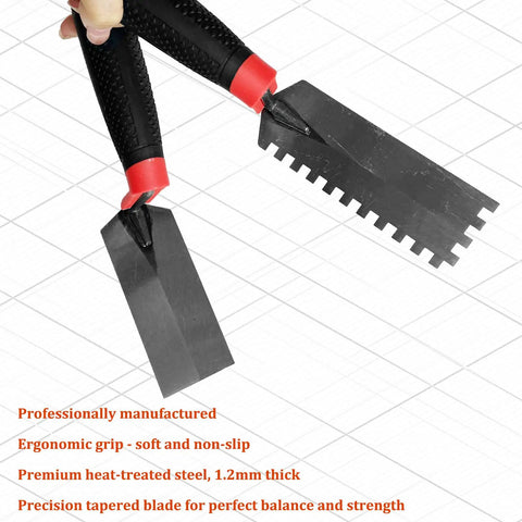 Two Pack Carbon Steel Margin Trowel Set With Flat And Square Notch Trowels For Masonry Flooring Drywall Concrete And Tile Work Built Tough With Anti Rust Handles And Ergonomic Comfort Grip Pro Grade Tool Kit. Ergonomic grip with 1.2mm thick blades.