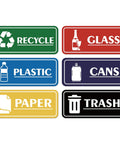 Set Of 6 Recycle Sign Stickers For Trash Bins Self Adhesive Waterproof Labels Ideal For Home Office School Hotel Apartment And Public Areas With Clear Color Coding For Paper Glass Plastic And Cans.