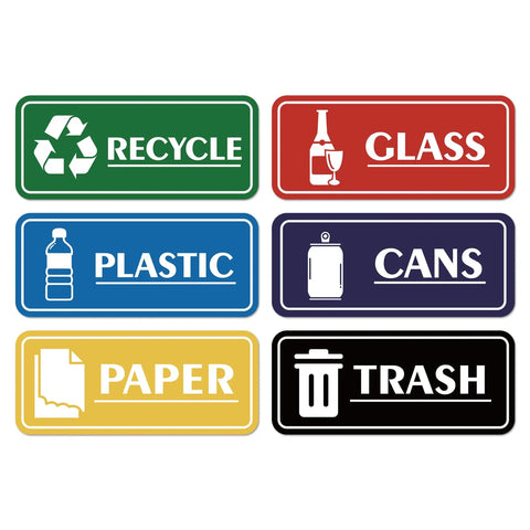 Set Of 6 Recycle Sign Stickers For Trash Bins Self Adhesive Waterproof Labels Ideal For Home Office School Hotel Apartment And Public Areas With Clear Color Coding For Paper Glass Plastic And Cans.