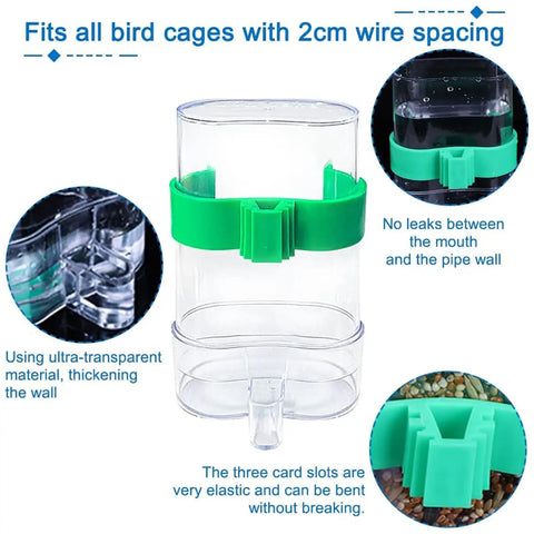 Hassle Free Bird Feeder And Water Dispenser Set Featuring Clear Acrylic Jar and secure perch design for parakeets and lovebirds.