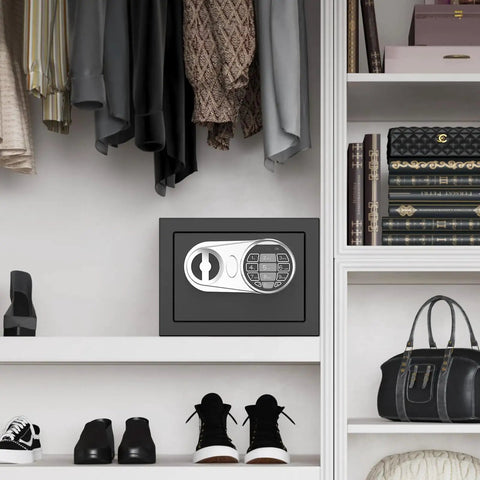 Compact Digital Home Safe With Keypad And Emergency Key, Mini 0.3 Cu Ft Stash Box For Cash Jewelry Coins in a closet shelf