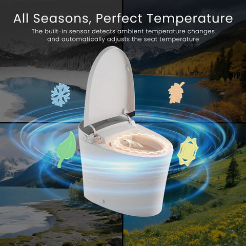 Slick No Sweat Smart Toilet With Built In Bidet Sprayer showing heated seat, sensor for temperature adjustments, modern design.