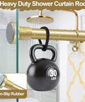 No Drill Stainless Steel Shower Curtain Rod With Adjustable Tension Fits 32 To 80 Inches Rust Free Non Slip End Caps Easy Quick Install No Tools Needed Ideal For Renters And Bathroom Makeovers in gold with non-slip rubber cap and hanging weight.
