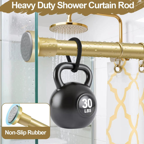 No Drill Stainless Steel Shower Curtain Rod With Adjustable Tension Fits 32 To 80 Inches Rust Free Non Slip End Caps Easy Quick Install No Tools Needed Ideal For Renters And Bathroom Makeovers in gold with non-slip rubber cap and hanging weight.