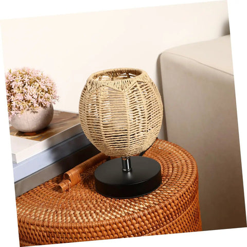 Khaki Rattan Pendant Lamp Shade With Hollow Basket Design on side table, natural rattan texture, fits various room decors
