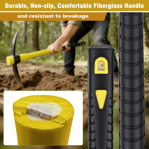 36 Inch Pick Mattock With Heavy Duty Rail Steel Head And Fiberglass Handle, 2 In 1 Adze Hoe And Pick Axe, close-up of handle