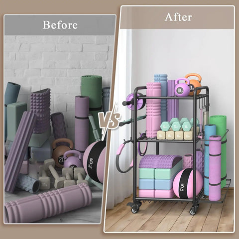 Multipurpose Home Gym Storage Rack With Mobile Casters And Hanging Hooks Keeps Your Fitness Collection Lowkey Organized So You Can Hit The Gym Without The Stress Slick Black Build Holds Dumbbells Resistance Bands And Yoga Mats