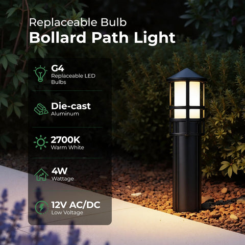 Top Tier Low Voltage Landscape Pathway Lights With Replaceable LED G4 Bulbs 12V 2700K Killer Warm Glow Outdoor Walkway Bollards with sleek black finish