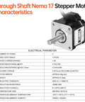 Through-shaft NEMA 17 stepper motor with silver faceplate and black housing, front view