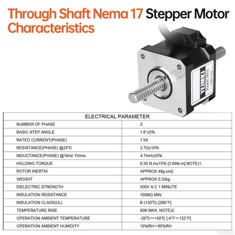 Through-shaft NEMA 17 stepper motor with silver faceplate and black housing, front view