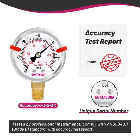 Glycerin Filled Vacuum Pressure Gauge That Holds Up With A Two And A Half Inch Dial Stainless Steel Case Red Range Mark For Safe Operation Minus Thirty In Hg To Zero For Vacuum Pumps Tanks And Systems With One Quarter Inch NPT Lower Mount Built For accuracy test report