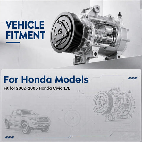 Heavy Duty Badass AC Compressor With Clutch Fits Honda Civic 2002 To 2005 1.7L Engine side view showcasing vehicle fitment details.