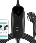 Level 1 J1772 EV Charger With WiFi Control 120V 15 Amp NEMA 5 15 Plug 16 Foot Extension Cord Portable Electric Car Charger For J1772 EVs With Remote App Scheduling And Real Time Status No Fuss Plug And Play showing app interface and plug