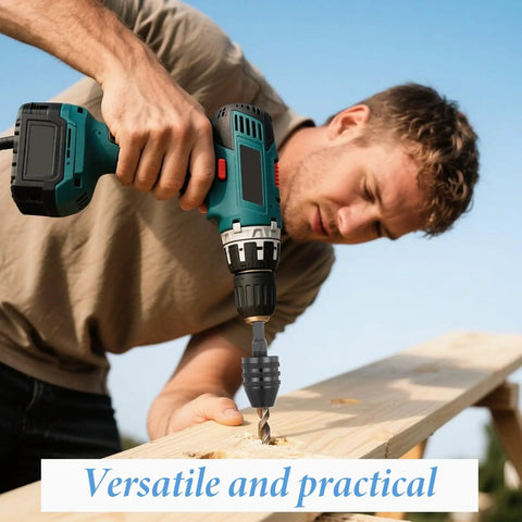 Man using Two Pack Keyless Drill Chuck Adapter For Impact Driver 1 Quarter Inch Hex Shank Fast Change Converter on wood